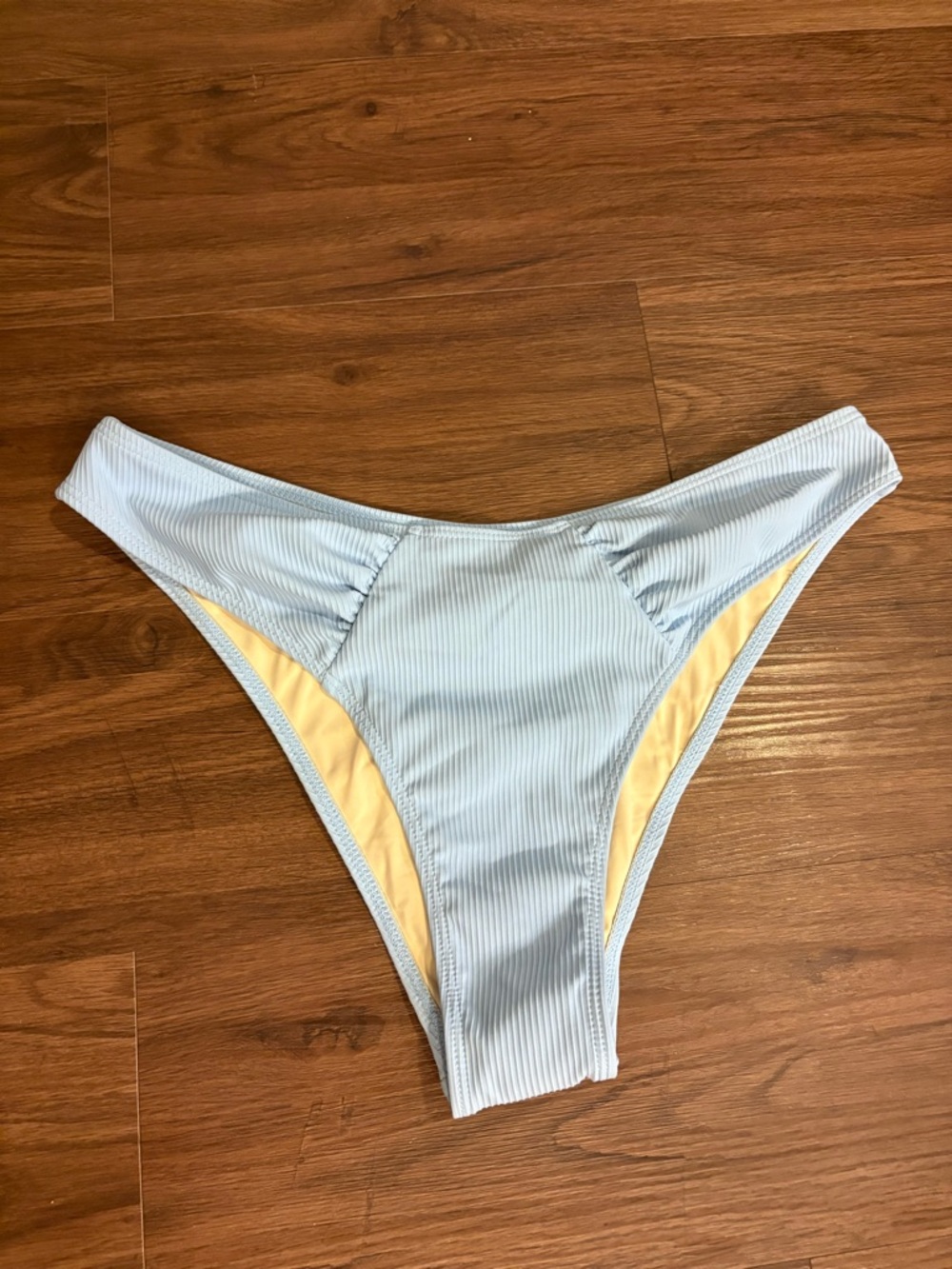 Ribbed Light Blue Bikini Bottom with Soft Yellow Lining - Women